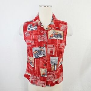 Vintage Harley Davidson Hawaiian Shirt Collared Sleeveless Red Tank Size Medium